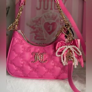 JUICY COUTURE HOT PINK TIE THE KNOT CROSSBODY PEARL BOW RHINESTONE CHARM